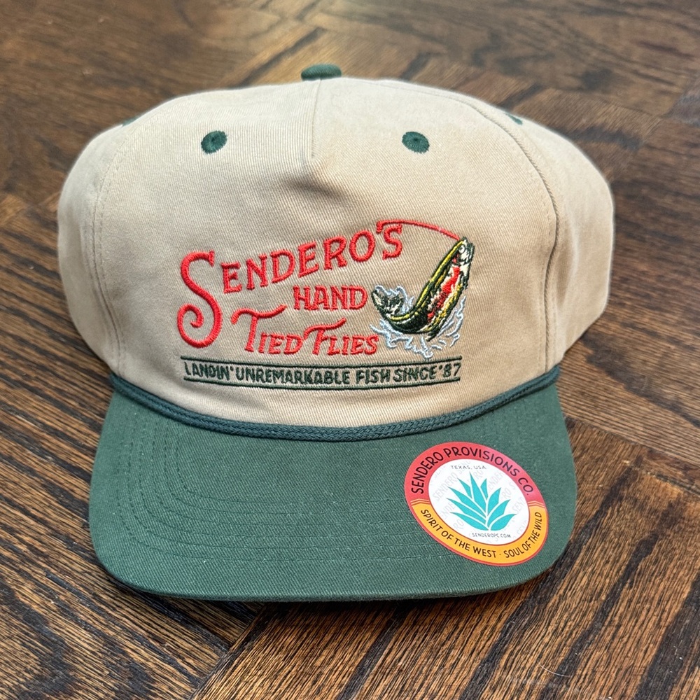 Sendero Provisions Co. NWT “Hand Tied Flies” Rope SnapBack hat Tan/Green